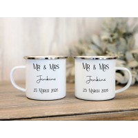 Set of 2 Mr & Mrs Enamel Mugs, personalised with a name and date