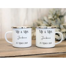 Set of 2 Mr & Mrs Enamel Mugs, personalised with a name and date Set of 2 Mr & Mrs Enamel Mugs, personalised with a name and date